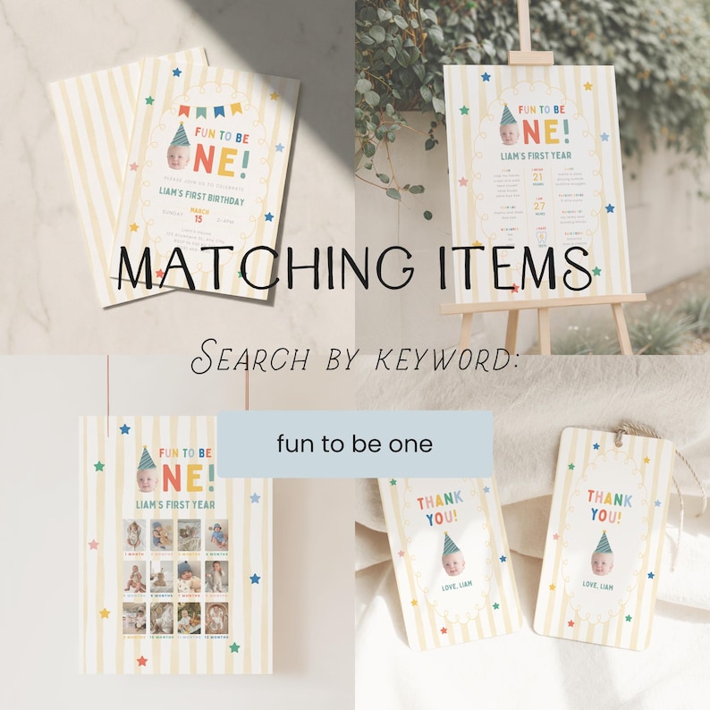 K&ouml;nnte beinhalten: Eine Sammlung passender Partyartikel mit dem Thema "Fun to be One". Enth&auml;lt Einladungen, ein Schild, eine Fotowand und Dankeskarten. Jeder Artikel zeigt ein Babyfoto, bunte Sterne und gestreifte Hintergr&uuml;nde.