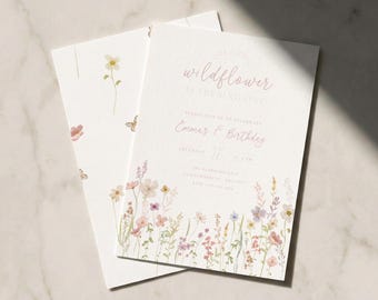 Wildblumen ersten Geburtstag Einladungsvorlage, sie ist ein wildes, Blumen 1. Geburtstag einladen, wunderliche rosa Blumen, digitaler Download