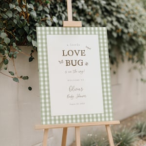 May include: A baby shower sign on a wooden easel. The sign features a light green gingham border and a cream-coloured centre with the text "a little LOVE BUG is on the way!" and "Olivia's Baby Shower".