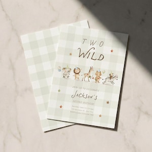 Puede incluir: Invitaciones de cumpleaños Two Wild con un patrón de cuadros vichy verde claro. Las invitaciones presentan ilustraciones de animales de safari y el texto "Two Wild" y "Join us to celebrate Jackson's second birthday."