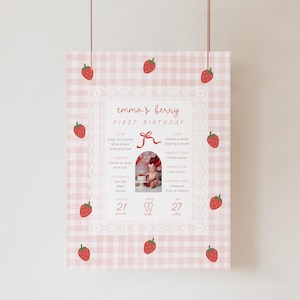 May include: A pink and white gingham-patterned first birthday sign with strawberry illustrations. The sign features the text "emma's berry FIRST BIRTHDAY" and includes a photo and details about the child, including weight, height, and favorite things.