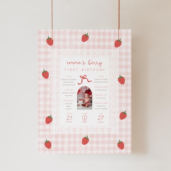 Berry 1st Birthday Milestone Poster Template, Strawberry First Birthday, Pink Gingham Party Decor, Digital Download
