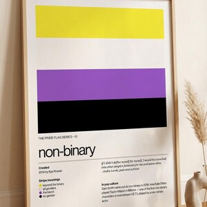 Peut inclure: A framed poster with the non-binary pride flag, composed of yellow, white, purple, and black horizontal stripes. The poster includes the text "non-binary", creator information, stripe meanings, and quotes about identity.