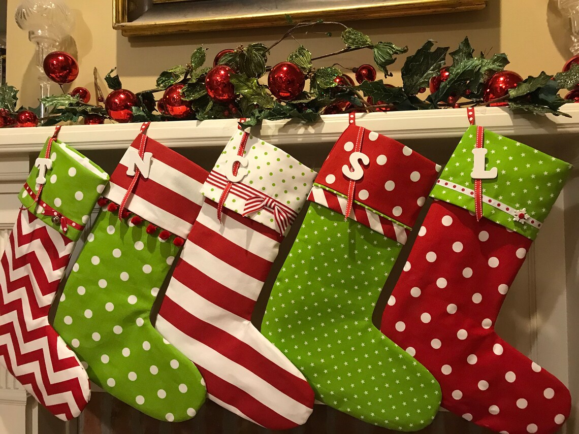Christmas stockings 4 personalized in bright red and green | Etsy