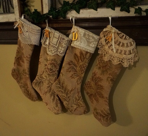Items similar to 4 Christmas stockings, personalized, made in old world tapestry with vintage 