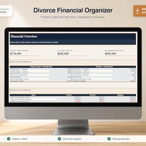 May include: A computer monitor displaying a Divorce Financial Organizer spreadsheet in Microsoft Excel. The screen shows a Financial Overview dashboard with sections for property, assets, total debt, liabilities, and monthly income versus expenses.