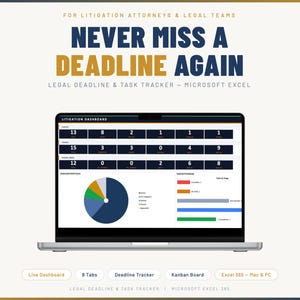 May include: A laptop displaying a Microsoft Excel legal deadline and task tracker. The screen shows a dashboard with data visualizations and the text "NEVER MISS A DEADLINE AGAIN". Additional text includes "FOR LITIGATION ATTORNEYS & LEGAL TEAMS".