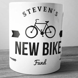 Personalised New Bike Fund Ceramic Money Box Piggy Bank Savings Jar Hand Printed xmas christmas Bicycle push bike cyclist gift mountain bike image 1