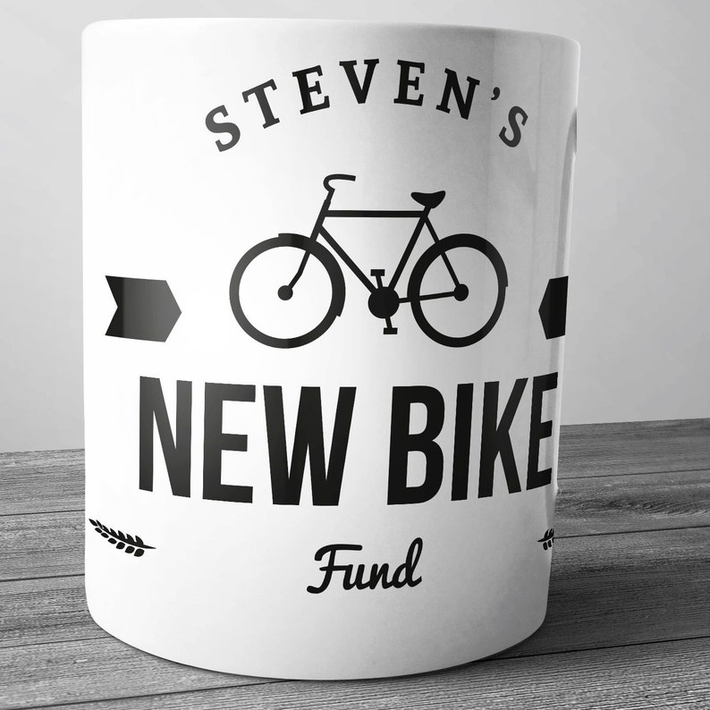 Personalised New Bike Fund Ceramic Money Box Piggy Bank Savings Jar Hand Printed xmas christmas Bicycle push bike cyclist gift mountain bike image 1