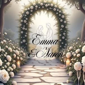 Könnte beinhalten: Eine Illustration zum Thema Hochzeit mit einem Steinweg, der zu einem mit weißen Rosen geschmückten Blumenbogen führt. Die Umrisse eines Paares stehen unter dem Bogen mit dem Text Emma & Aaron. Zwei goldene Ringe liegen auf einem weißen Tuch.