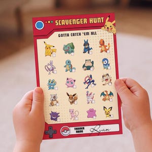 May include: A rectangular scavenger hunt game card with a red border and cream background. The card features the text SCAVENGER HUNT, GOTTA CATCH 'EM ALL, and TRAINER NAME Ryan. It displays a grid of twenty small colourful creature illustrations.