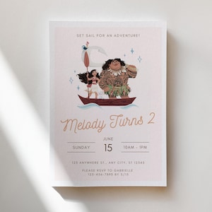 May include: A light pink invitation card with the text "SET SAIL FOR AN ADVENTURE!" and "Melody Turns 2". The card features an illustration of characters in a boat. The date and time are also included.