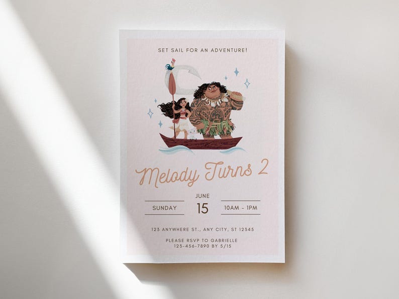 May include: A light pink invitation card with the text "SET SAIL FOR AN ADVENTURE!" and "Melody Turns 2". The card features an illustration of characters in a boat. The date and time are also included.