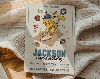 Invitación de cumpleaños con temática de béisbol de Pokémon, invitación para fiesta deportiva de Pikachu, plantilla editable de Canva (descarga digital)