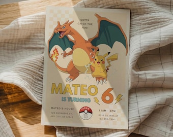 Invitación de cumpleaños de Pokémon, invitación de fiesta de Pikachu y Charizard, plantilla editable de Canva (descarga digital)