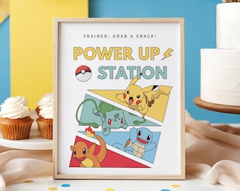 Letrero para mesa de fiesta de cumpleaños de Pokémon, etiqueta, letrero para regalos, plantilla editable de Canva (descarga digital)