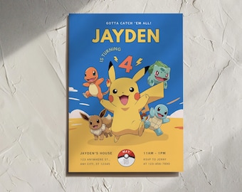 Invitation de fête d'anniversaire Pokémon, invitation de fête Pikachu, modèle de toile modifiable (téléchargement numérique)