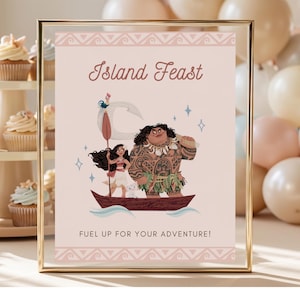 Cartel para mesa de fiesta de cumpleaños de Moana, plantilla editable de Canva (descarga digital)