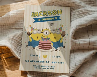 Invitación de cumpleaños de los Minions, plantilla editable de Canva (descarga digital)