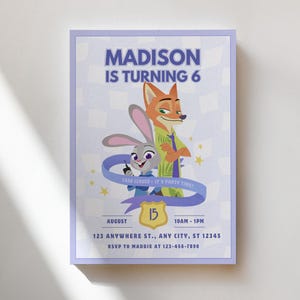 Invitación de cumpleaños de Zootopia, invitación de aventuras de Judy y Nick, plantilla editable de Canva (descarga digital) imagen 5