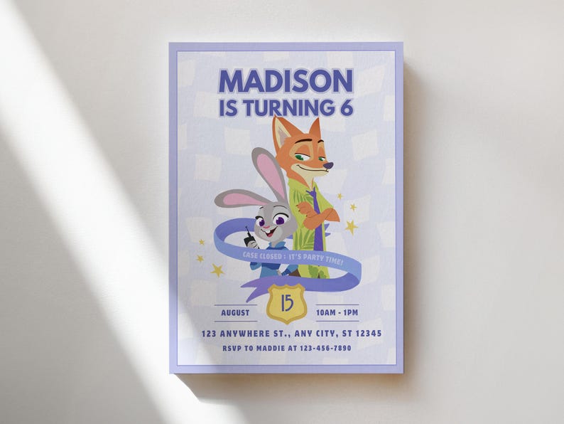 Invitación de cumpleaños de Zootopia, invitación de aventuras de Judy y Nick, plantilla editable de Canva (descarga digital) imagen 5