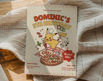 Invitación para fiesta de cumpleaños con temática de pizza de Pokémon, invitación para preparar pizza de Pikachu, plantilla editable de Canva (descarga digital)