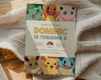Invitación de cumpleaños de Pokémon, invitación de fiesta de Pikachu, Charmander, Squirtle y Bulbasaur, plantilla editable de Canva (descarga digital)