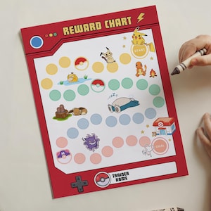 May include: A rectangular reward chart with a red border and the text REWARD CHART at the top. The chart features a path of coloured circles, various cartoon characters, and a section at the bottom labelled TRAINER NAME with a Poké Ball icon.