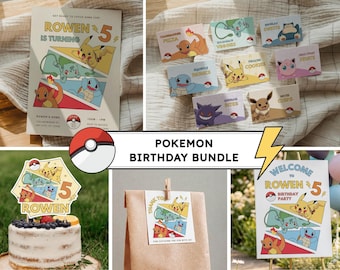Paquete de invitaciones de cumpleaños de Pokémon, decoración para fiestas de Pokémon, adorno para pastel, etiqueta para comida, etiqueta de agradecimiento, plantilla editable de Canva (descarga digital)