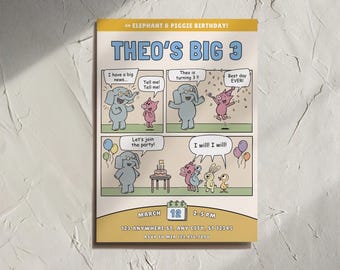 Invitación de cumpleaños para la fiesta de Gerald el Elefante y Piggie, plantilla editable de Canva (descarga digital)