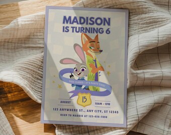 Invitación de cumpleaños de Zootopia, invitación de aventuras de Judy y Nick, plantilla editable de Canva (descarga digital)