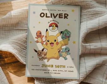 Invitación de cumpleaños de Pokémon, invitación de fiesta de Pikachu, plantilla editable de Canva (descarga digital)