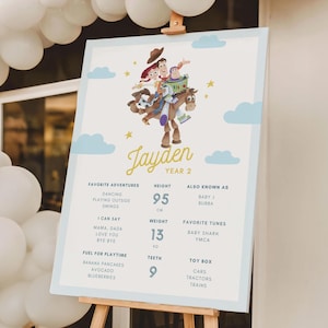 Könnte beinhalten: Ein hellblaues und weißes Schild auf einer Staffelei mit Toy Story-Motiv. Das Schild enthält den Namen "Jayden" und Details wie Größe (95 cm), Gewicht (13 kg) und Lieblingsdinge. Weiße Ballons sind im Hintergrund.