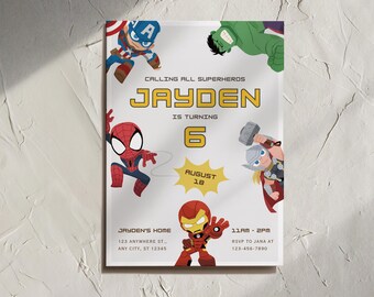 Invitación de cumpleaños de superhéroes, invitación de fiesta de Marvel Avengers, plantilla editable de Canva (descarga digital)
