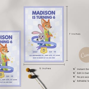 Puede incluir: Dos invitaciones rectangulares de 12,7 cm por 17,8 cm, con los personajes de dibujos animados Judy Hopps y Nick Wilde. El texto dice Madison is turning 6, August 15, 10am-1pm, 123 Anywhere St., Any City, ST 12345, y RSVP to Maddie at 123-456-7890.
