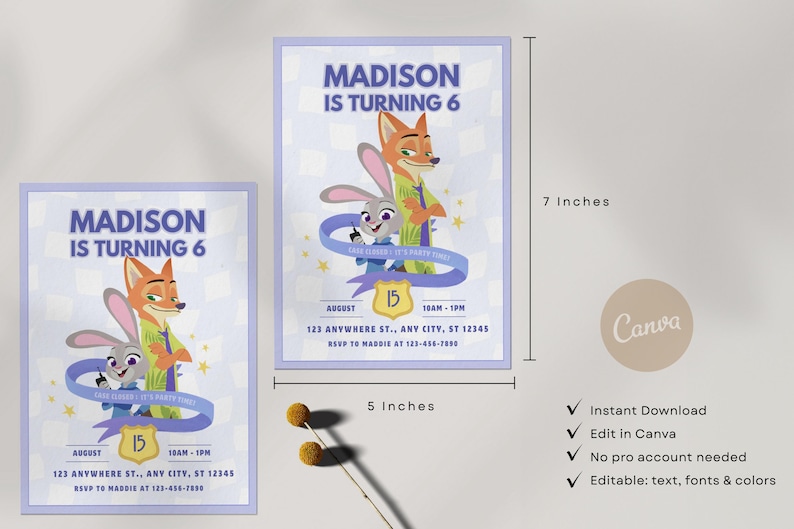 Puede incluir: Dos invitaciones rectangulares de 12,7 cm por 17,8 cm, con los personajes de dibujos animados Judy Hopps y Nick Wilde. El texto dice Madison is turning 6, August 15, 10am-1pm, 123 Anywhere St., Any City, ST 12345, y RSVP to Maddie at 123-456-7890.