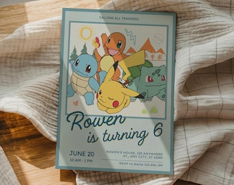 Invitación de cumpleaños de Pokémon, invitación con tarjeta de Pikachu, plantilla editable de Canva (descarga digital)