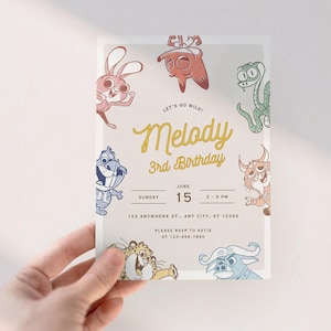May include: A birthday invitation featuring cartoon animals and the text "Let's Go Wild! Melody 3rd Birthday." The invitation includes the date, time, and RSVP information. The design incorporates a playful, colorful aesthetic.