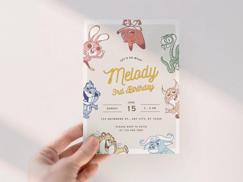 May include: A birthday invitation featuring cartoon animals and the text "Let's Go Wild! Melody 3rd Birthday." The invitation includes the date, time, and RSVP information. The design incorporates a playful, colorful aesthetic.