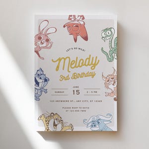May include: A party invitation with cartoon animal illustrations. The invitation reads "Let's go wild! Melody 3rd Birthday" with date and time details. The design features a light background with a decorative border.