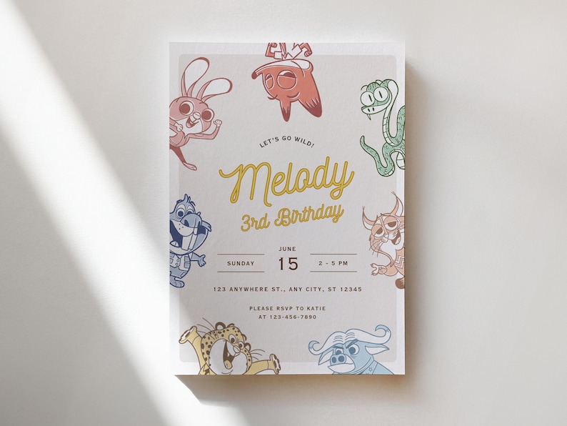 May include: A party invitation with cartoon animal illustrations. The invitation reads "Let's go wild! Melody 3rd Birthday" with date and time details. The design features a light background with a decorative border.