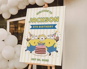 Cartel de bienvenida para fiesta de cumpleaños de los Minions, plantilla editable de Canva (descarga digital)