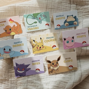 Etiqueta para comida de festa de aniversário com tema Pokémon, modelo editável no Canva (download digital)