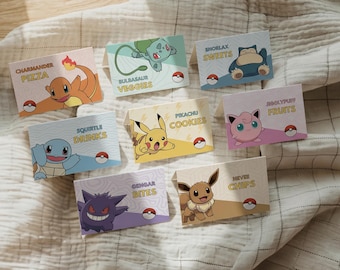 Etiqueta para comida de Pokémon, ideal para fiestas de cumpleaños. Plantilla editable de Canva (descarga digital).