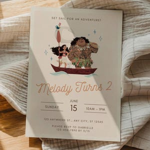 May include: A cream-coloured invitation featuring a cartoon illustration of characters in a boat. The text reads "Melody Turns 2" with event details: Sunday, June 15, 10 AM - 1 PM, and an RSVP request.