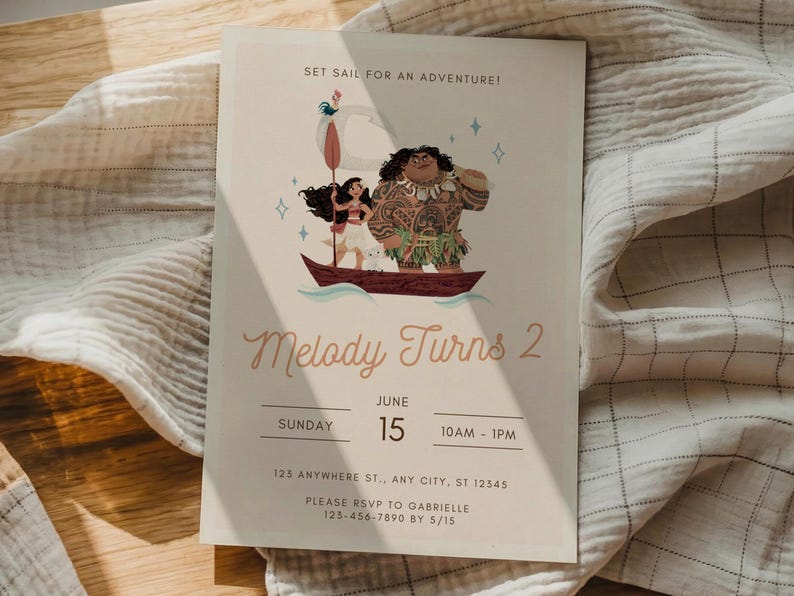 May include: A cream-coloured invitation featuring a cartoon illustration of characters in a boat. The text reads "Melody Turns 2" with event details: Sunday, June 15, 10 AM - 1 PM, and an RSVP request.