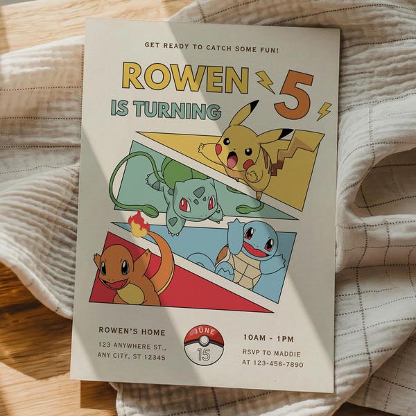 Pokemon Invitation, Editable Canva Template for Kids' Birthday Party