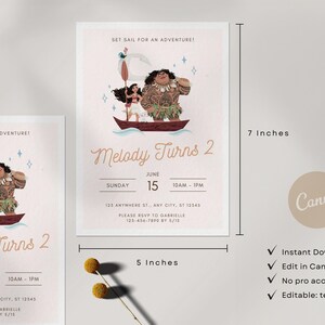 May include: A 17.78 cm by 12.7 cm invitation card with a cartoon boat illustration. The card says "Melody Turns 2" with event details. The design includes the text "Set Sail for an Adventure!" and Canva branding.