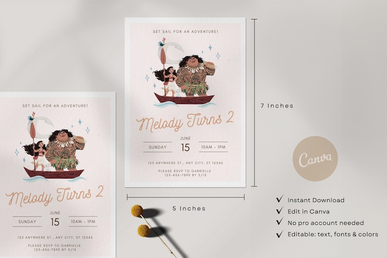 May include: A 17.78 cm by 12.7 cm invitation card with a cartoon boat illustration. The card says "Melody Turns 2" with event details. The design includes the text "Set Sail for an Adventure!" and Canva branding.