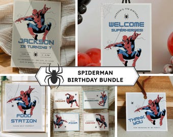 Paquete de invitaciones de cumpleaños de Spiderman, decoración para fiestas de superhéroes, adorno para pastel, etiqueta para comida, etiqueta de agradecimiento, plantilla de Canva (descarga digital)